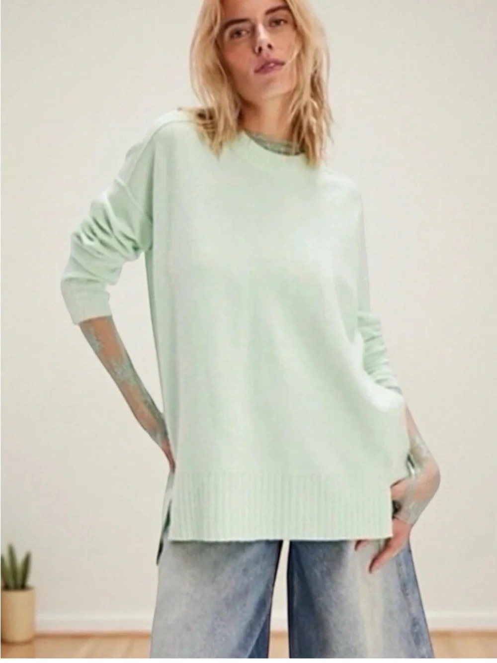 Free People Phoebe Mint Green Oversized Tunic Sweater Wool Blend Large - Picture 6 of 6